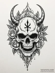 Rune-crowned mask devouring flame, ink illust... - эскиз тату (№1752581132_0, 15.07.2025 12:05) — Tatufoto.com