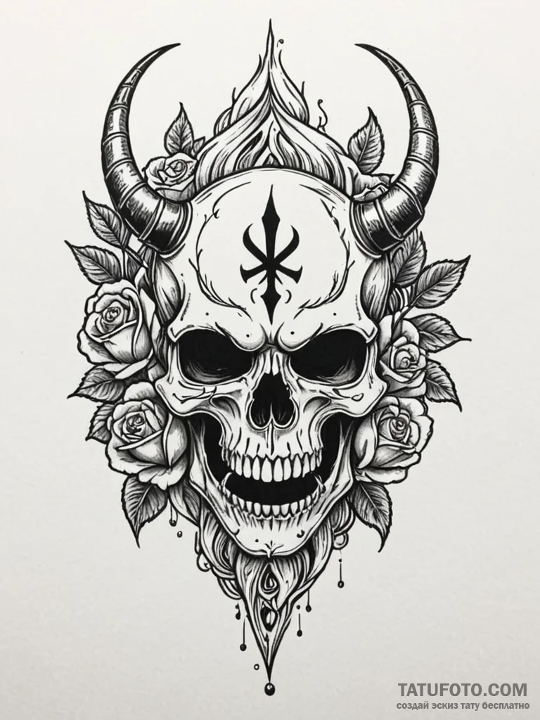 Rune-crowned mask devouring flame, ink illust... - эскиз тату (№1752581132_0, 15.07.2025 12:05) — Tatufoto.com
