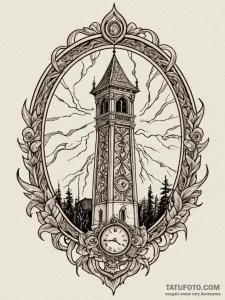Clock tower struck by lightning at midnight,... - эскиз тату (№1752581559_0, 15.07.2025 12:12) — Tatufoto.com