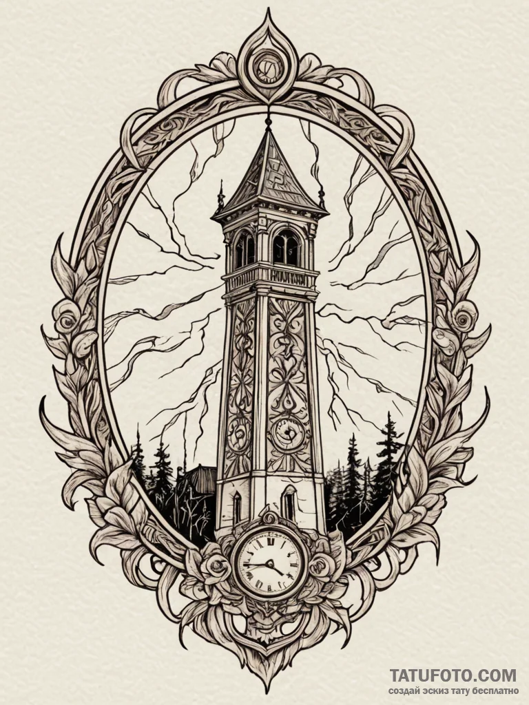 Clock tower struck by lightning at midnight,... - эскиз тату (№1752581559_0, 15.07.2025 12:12) — Tatufoto.com