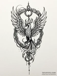 Animated phoenix chained to relic, tattoo fla... - эскиз тату (№1752581986_0, 15.07.2025 12:19) — Tatufoto.com
