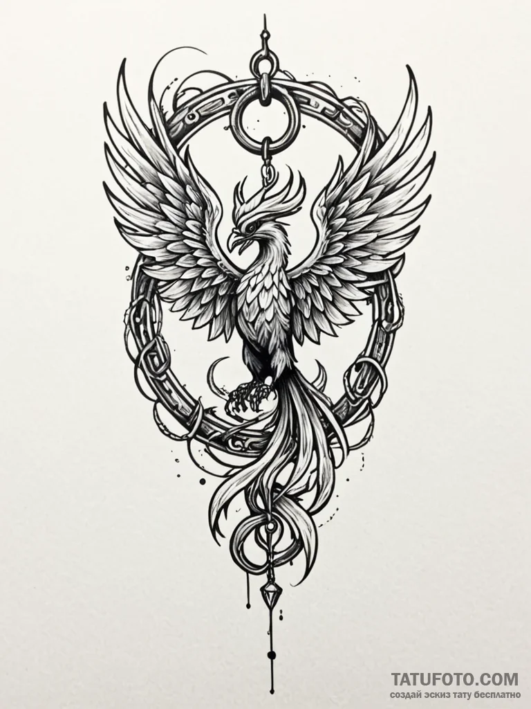 Animated phoenix chained to relic, tattoo fla... - эскиз тату (№1752581986_0, 15.07.2025 12:19) — Tatufoto.com