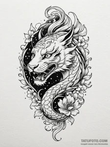 Jaguar blade beneath celestial bloom, tattoo... - эскиз тату (№1752582751_0, 15.07.2025 12:32) — Tatufoto.com