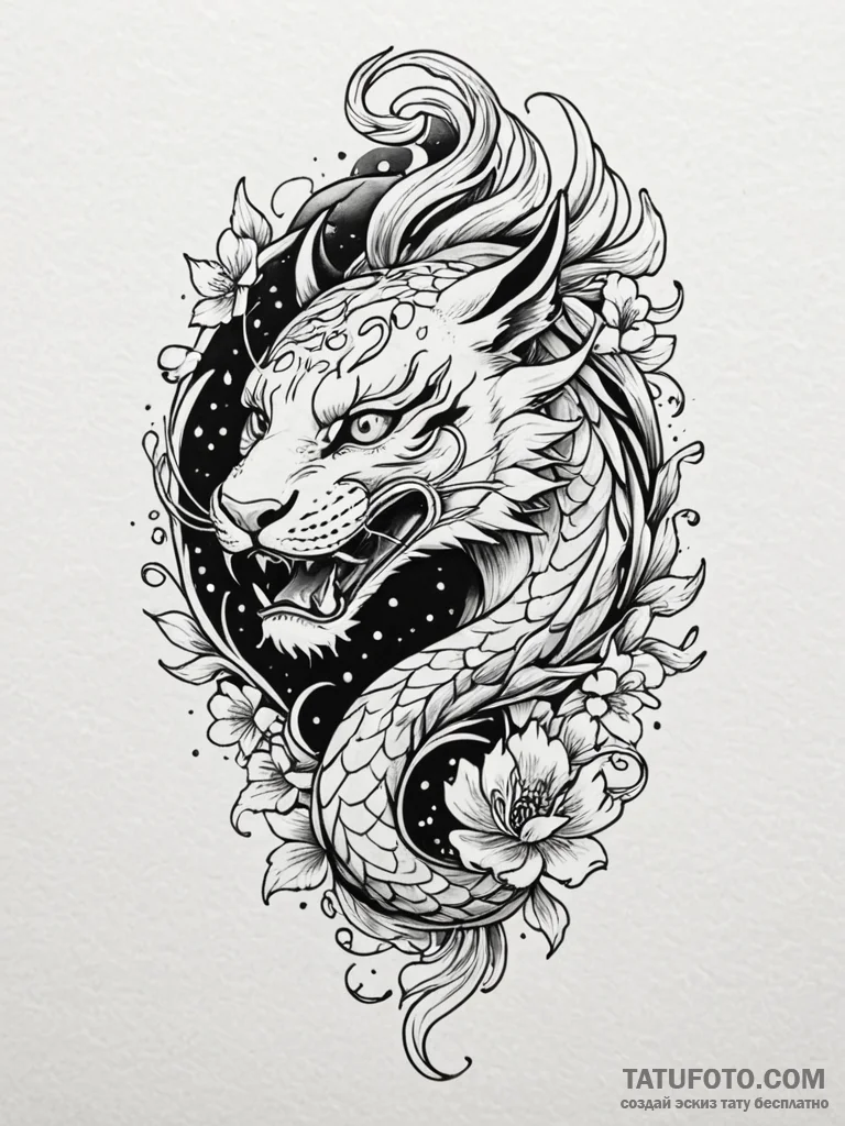 Jaguar blade beneath celestial bloom, tattoo... - эскиз тату (№1752582751_0, 15.07.2025 12:32) — Tatufoto.com