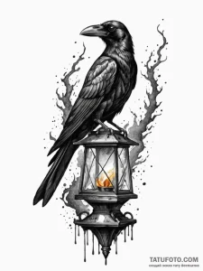 Crow perched on burning lantern, artistic tat... - эскиз тату (№1752583007_0, 15.07.2025 12:36) — Tatufoto.com