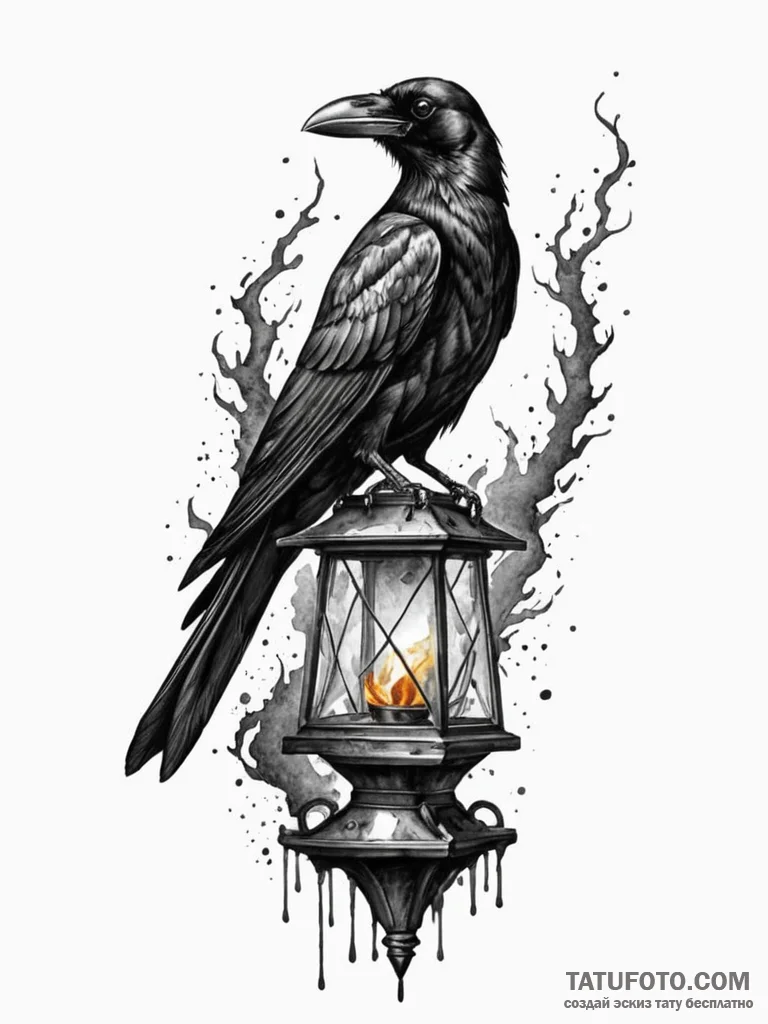 Crow perched on burning lantern, artistic tat... - эскиз тату (№1752583007_0, 15.07.2025 12:36) — Tatufoto.com
