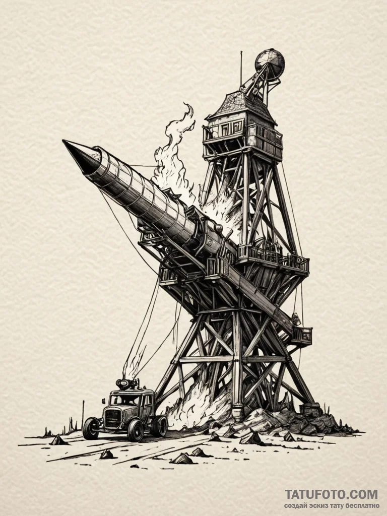 Trebuchet launching a massive, flaming projec... - эскиз тату (№1752587368_0, 15.07.2025 13:49) — Tatufoto.com