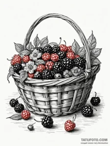 A beautiful basket of fresh berries, realisti... - эскиз тату (№1752587624_0, 15.07.2025 13:53) — Tatufoto.com
