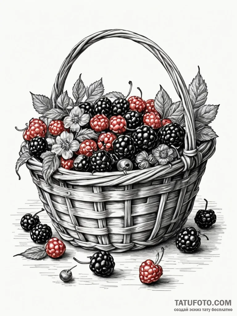 A beautiful basket of fresh berries, realisti... - эскиз тату (№1752587624_0, 15.07.2025 13:53) — Tatufoto.com
