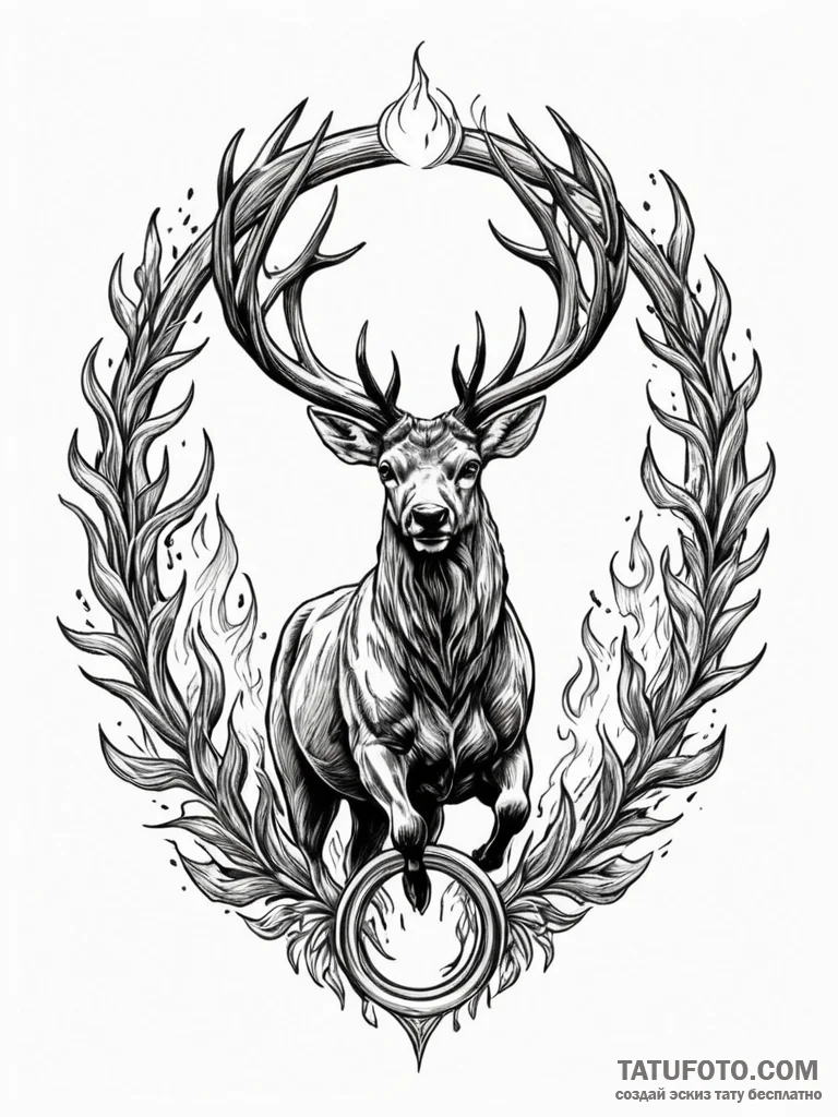 Burning stag leaping through ring of fire, ta... - эскиз тату (№1752587965_0, 15.07.2025 13:59) — Tatufoto.com