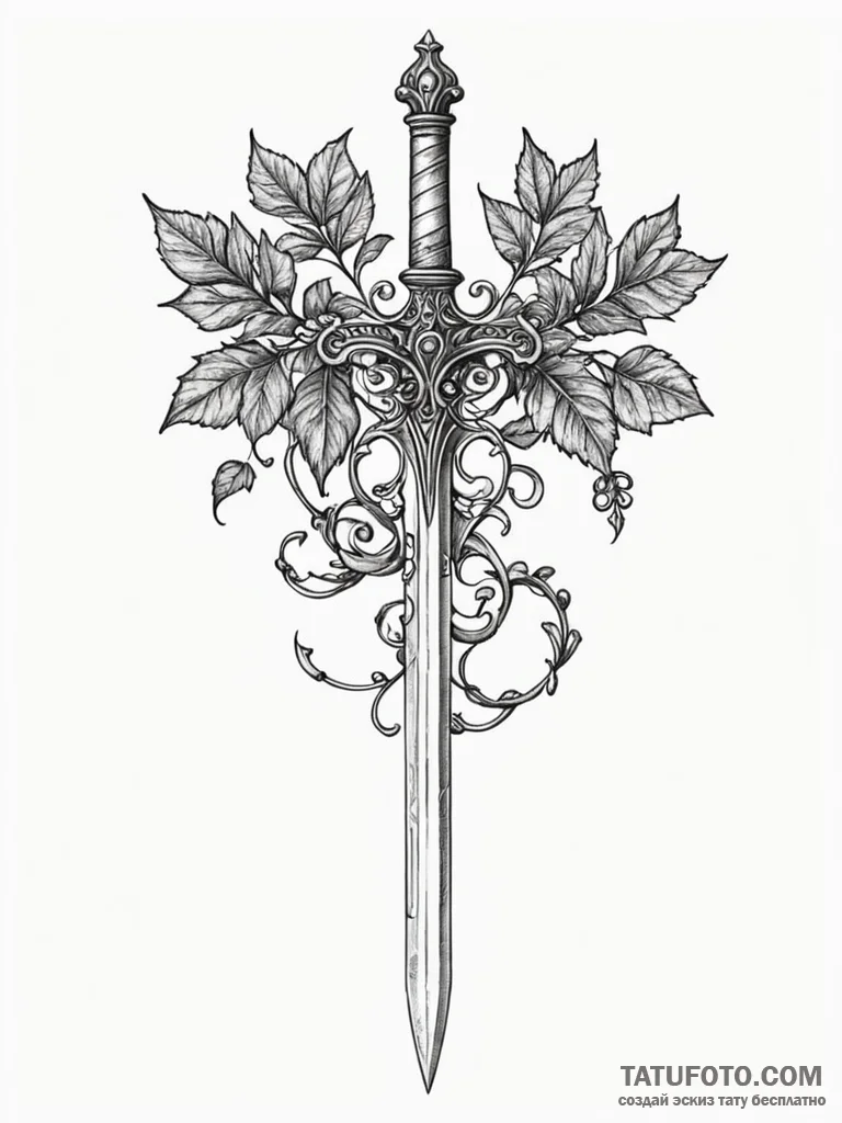 Baroque dagger wrapped in ivy, tattoo sketch… — эскиз тату (№1752588218_0, 15.07.2025 14:03) — Tatufoto.com