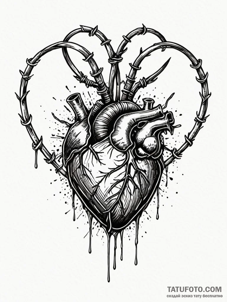 Barbed wire wrapped around a bleeding heart,... - эскиз тату (№1752588303_0, 15.07.2025 14:05) — Tatufoto.com