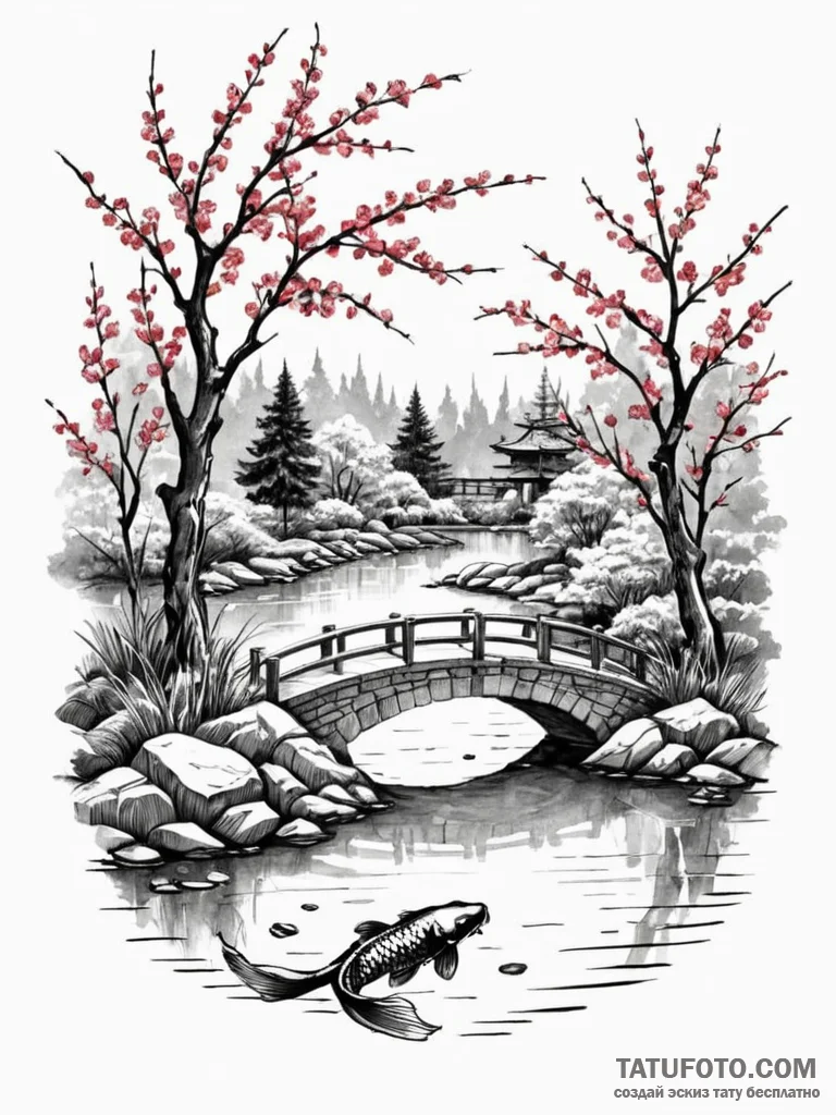 A tranquil asian garden with a stone bridge o... - эскиз тату (№1752588559_0, 15.07.2025 14:09) — Tatufoto.com