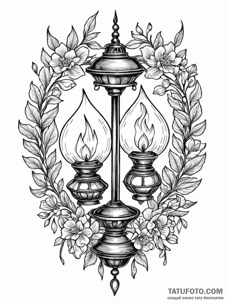 Lantern burning with twin flames, tattoo line... - эскиз тату (№1752588900_0, 15.07.2025 14:15) — Tatufoto.com