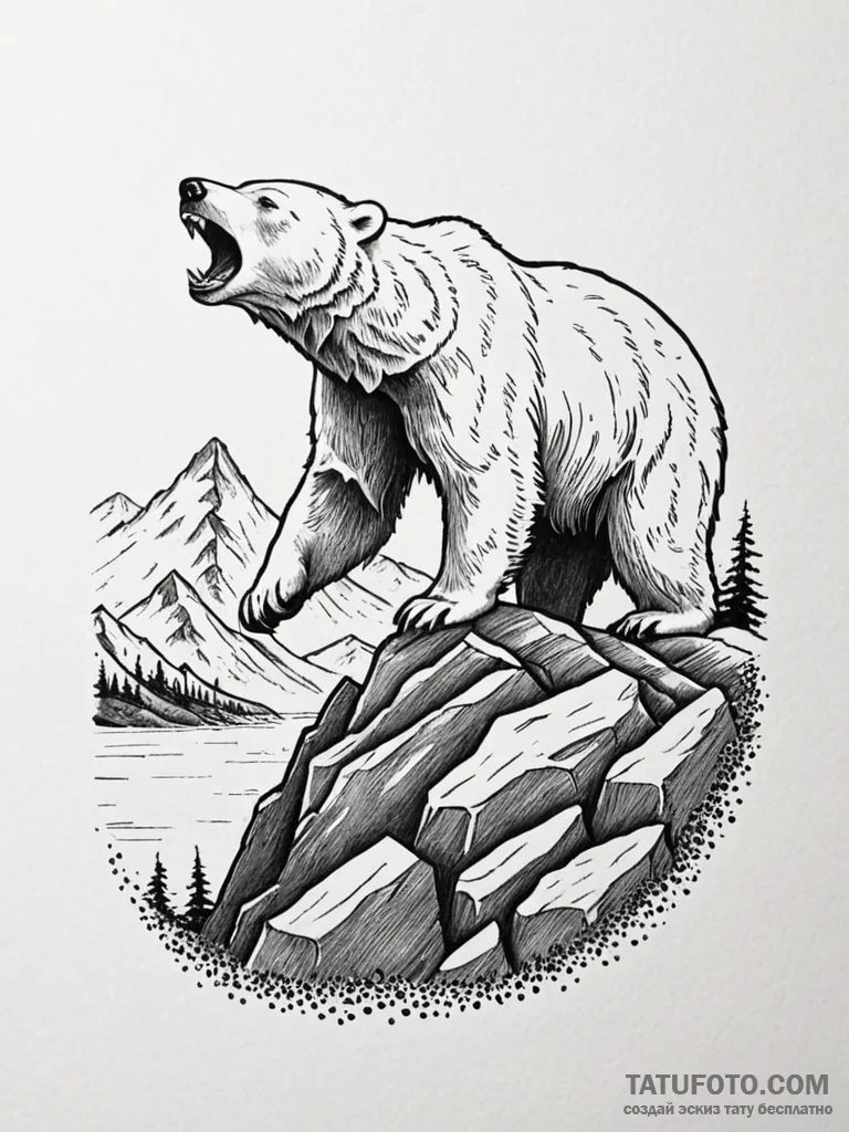 Arctic bear roaring on cliff, ink illustratio... - эскиз тату (№1752589753_0, 15.07.2025 14:29) — Tatufoto.com