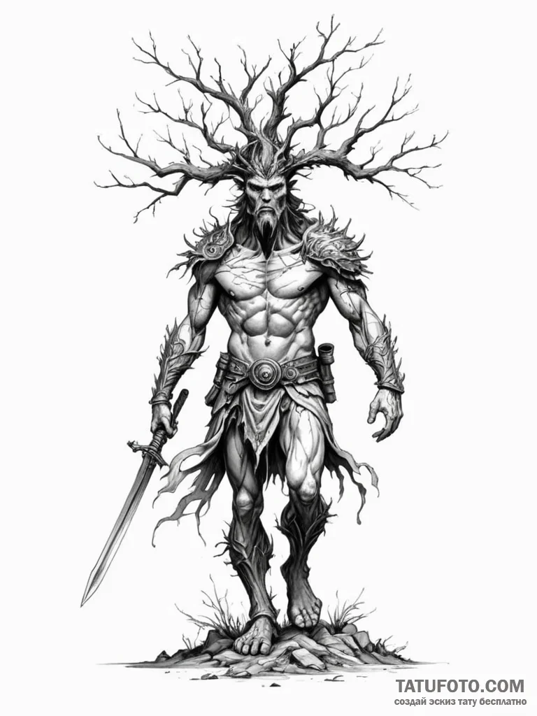 Ent (walking tree) as a gnarled, ancient warr... - эскиз тату (№1752591376_0, 15.07.2025 14:56) — Tatufoto.com