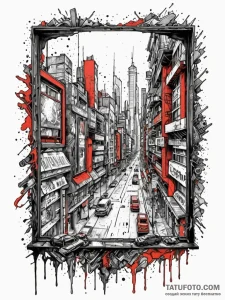 A window looking out onto a cyberpunk city, t... - эскиз тату (№1752596033_0, 15.07.2025 16:13) — Tatufoto.com