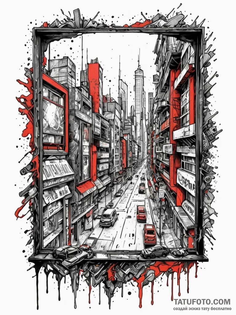 A window looking out onto a cyberpunk city, t... - эскиз тату (№1752596033_0, 15.07.2025 16:13) — Tatufoto.com