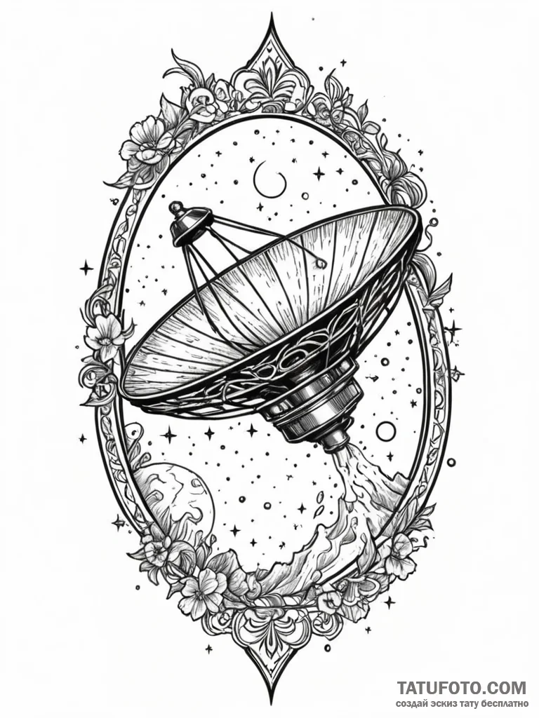 Decaying satellite dish aimed at a black star... - эскиз тату (№1752597474_0, 15.07.2025 16:37) — Tatufoto.com