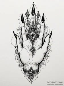 Witch's hand, with long nails, holding a glow... - эскиз тату (№1752597809_0, 15.07.2025 16:43) — Tatufoto.com