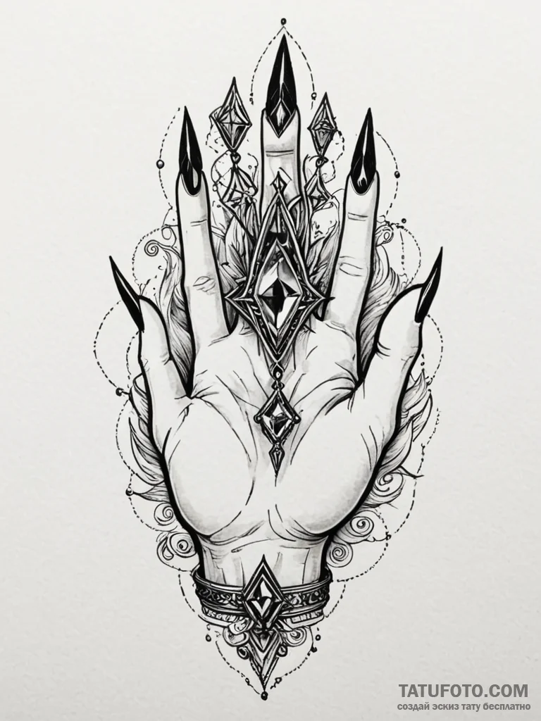 Witch's hand, with long nails, holding a glow... - эскиз тату (№1752597809_0, 15.07.2025 16:43) — Tatufoto.com