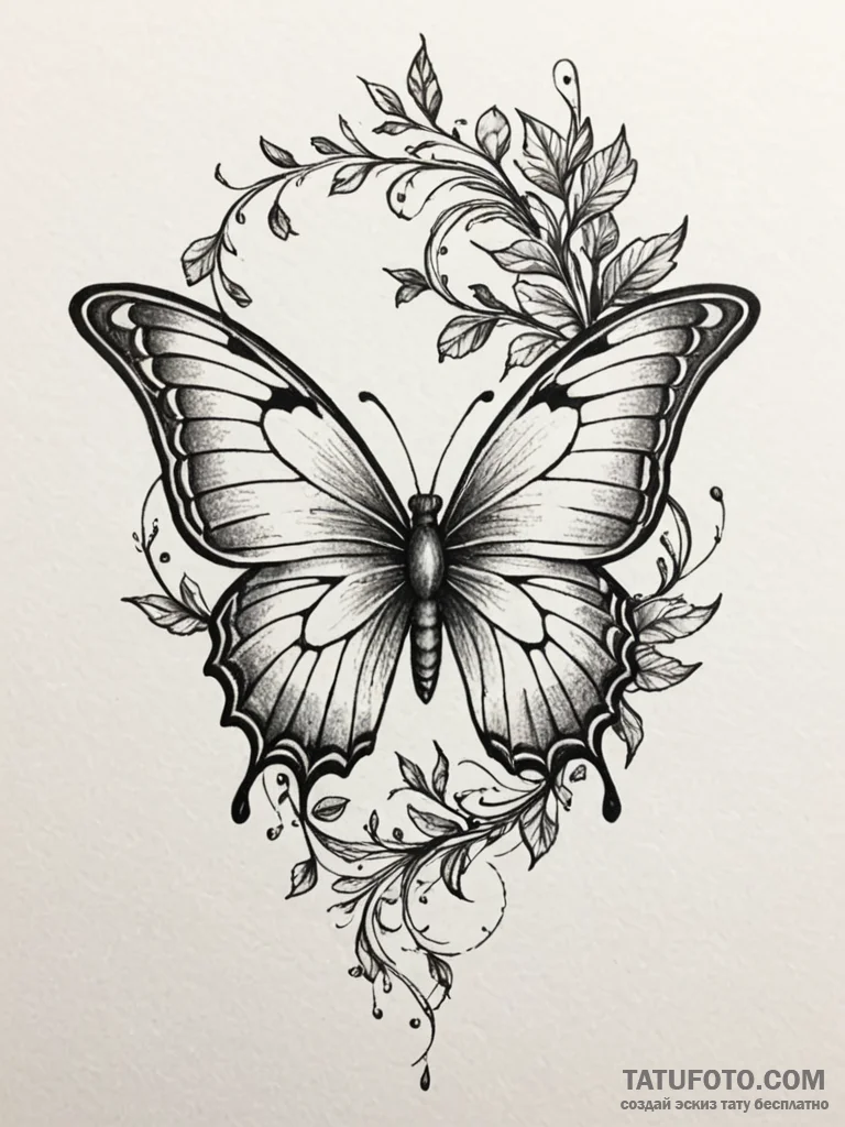 Ashen butterfly caught in thorned vines, tatt... - эскиз тату (№1752597892_0, 15.07.2025 16:44) — Tatufoto.com