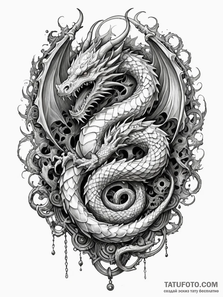 Abyssal dragon chained to ruins, tattoo sketc... - эскиз тату (№1752598062_0, 15.07.2025 16:47) — Tatufoto.com