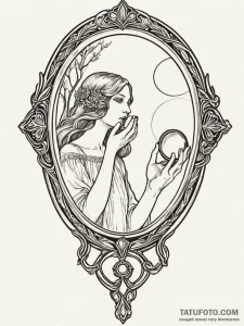 A hand mirror reflecting a ghostly figure, ta... - эскиз тату (№1752598673_0, 15.07.2025 16:57) — Tatufoto.com