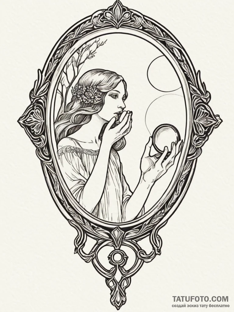A hand mirror reflecting a ghostly figure, ta... - эскиз тату (№1752598673_0, 15.07.2025 16:57) — Tatufoto.com