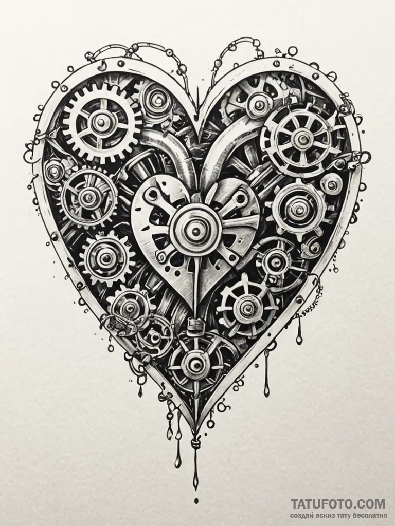 Steampunk heart with ticking gears and valves... - эскиз тату (№1752598847_0, 15.07.2025 17:00) — Tatufoto.com