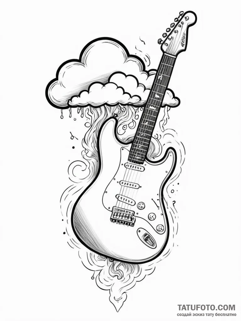 Electric guitar plugged into a thundercloud,... - эскиз тату (№1752598935_0, 15.07.2025 17:02) — Tatufoto.com