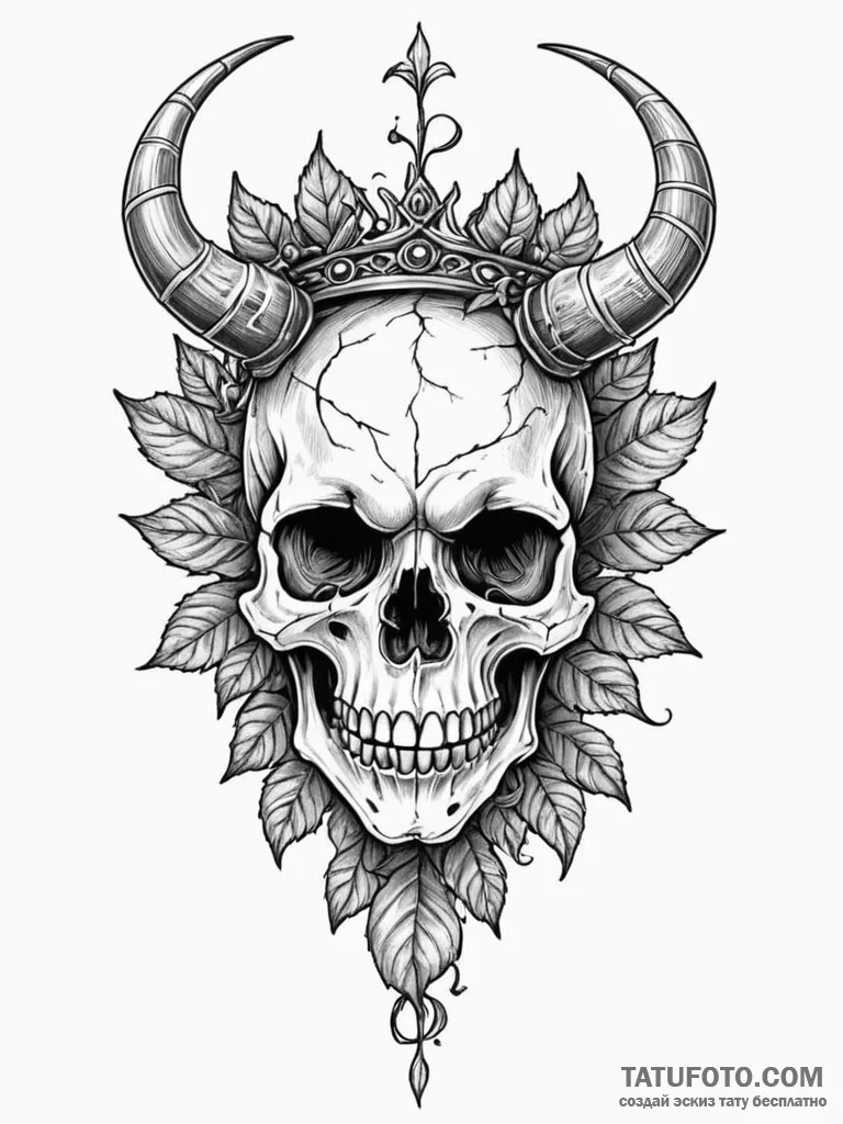 Kobold skull crowned in ivy, artistic tattoo... - эскиз тату (№1752610370_0, 15.07.2025 20:12) — Tatufoto.com