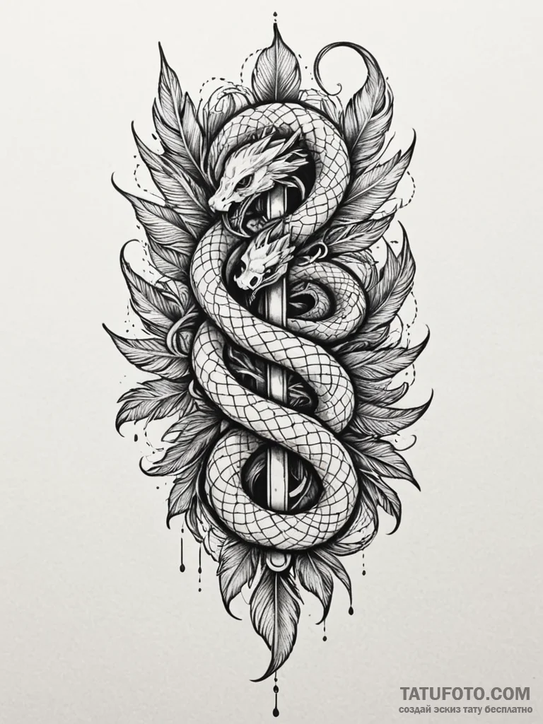 Angelic serpent with feathers, tattoo line ar... - эскиз тату (№1752611051_0, 15.07.2025 20:24) — Tatufoto.com