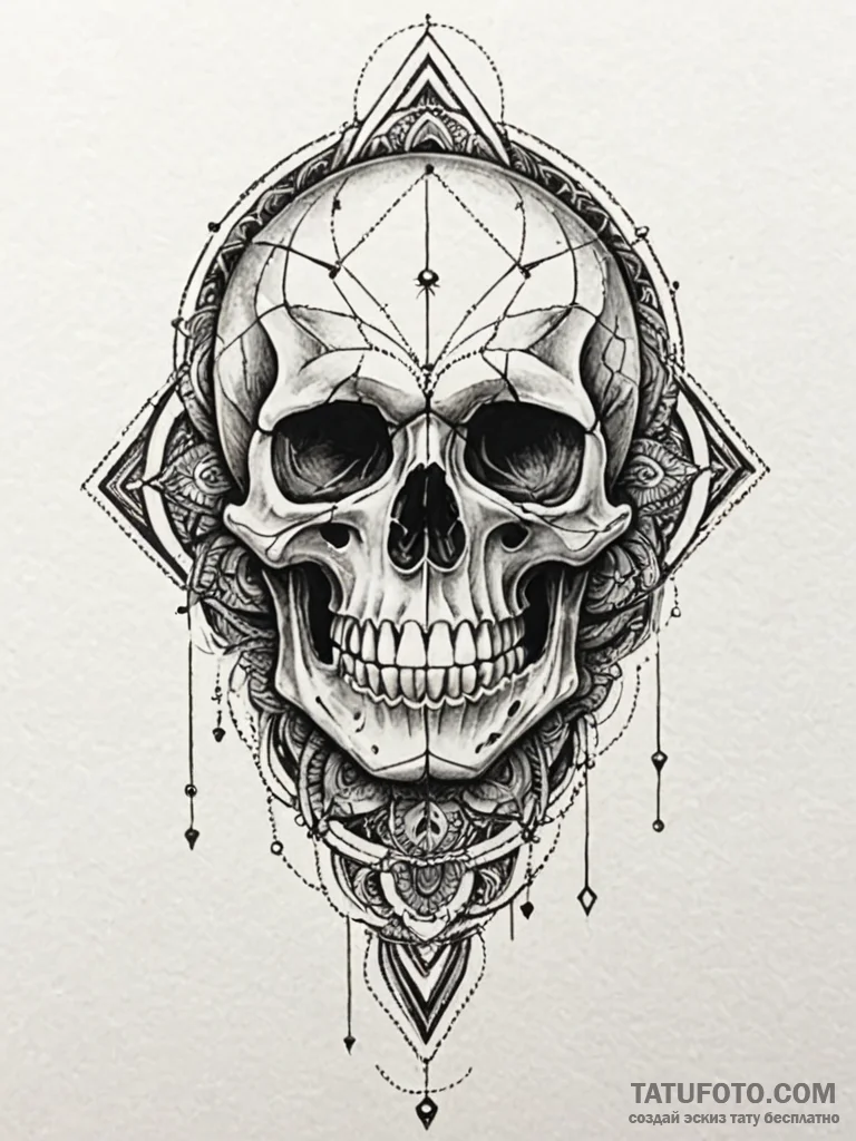 Ashen skull with cracked jaw, ink illustratio... - эскиз тату (№1752611386_0, 15.07.2025 20:29) — Tatufoto.com
