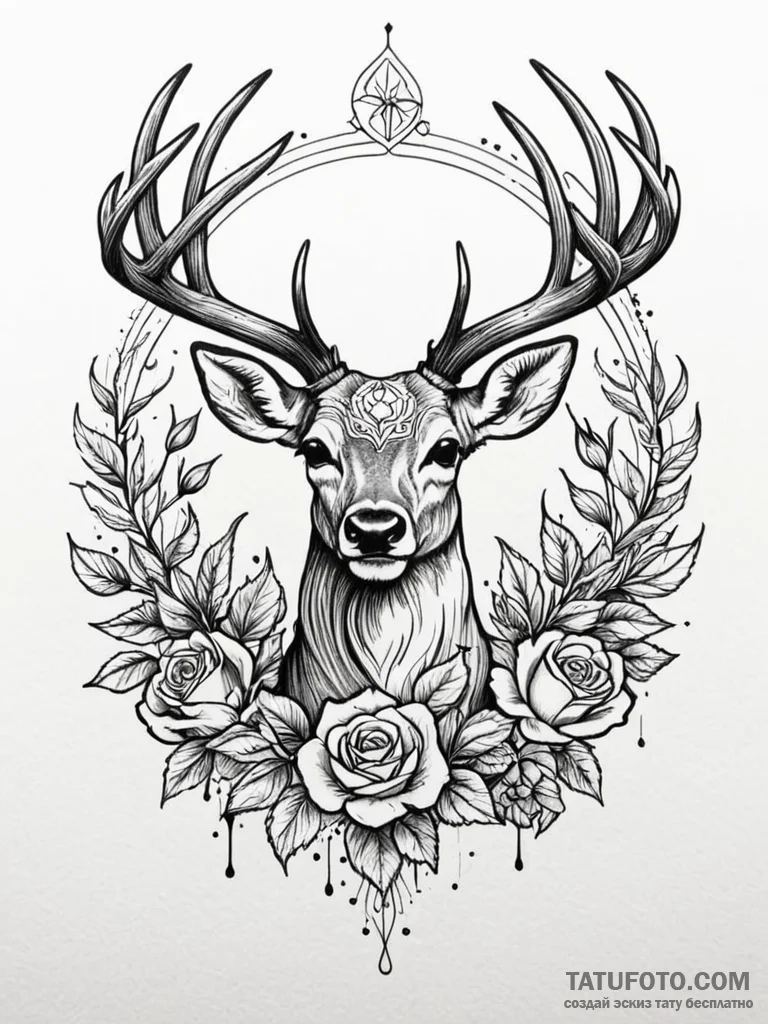 Deer with antlers that bloom with seasonal fl... - эскиз тату (№1752611471_0, 15.07.2025 20:31) — Tatufoto.com