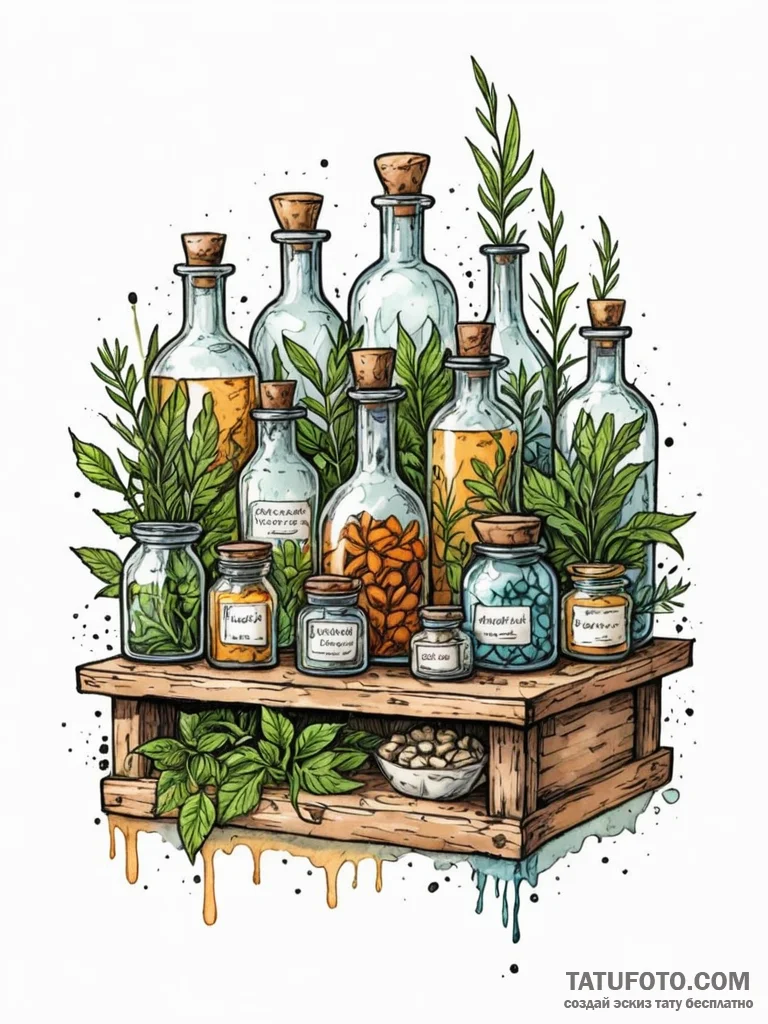 An apothecary shop filled with exotic herbs a... - эскиз тату (№1752613068_0, 15.07.2025 20:57) — Tatufoto.com