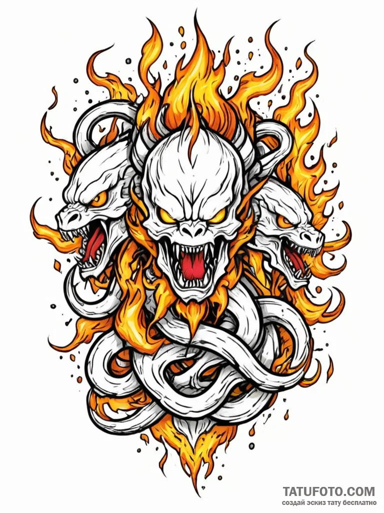 Hydra, its multiple heads spitting fire, acid... - эскиз тату (№1752613826_0, 15.07.2025 21:10) — Tatufoto.com
