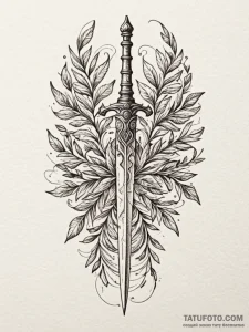 Olive leaves entwining dagger, tattoo drawing... - эскиз тату (№1752614580_0, 15.07.2025 21:23) — Tatufoto.com