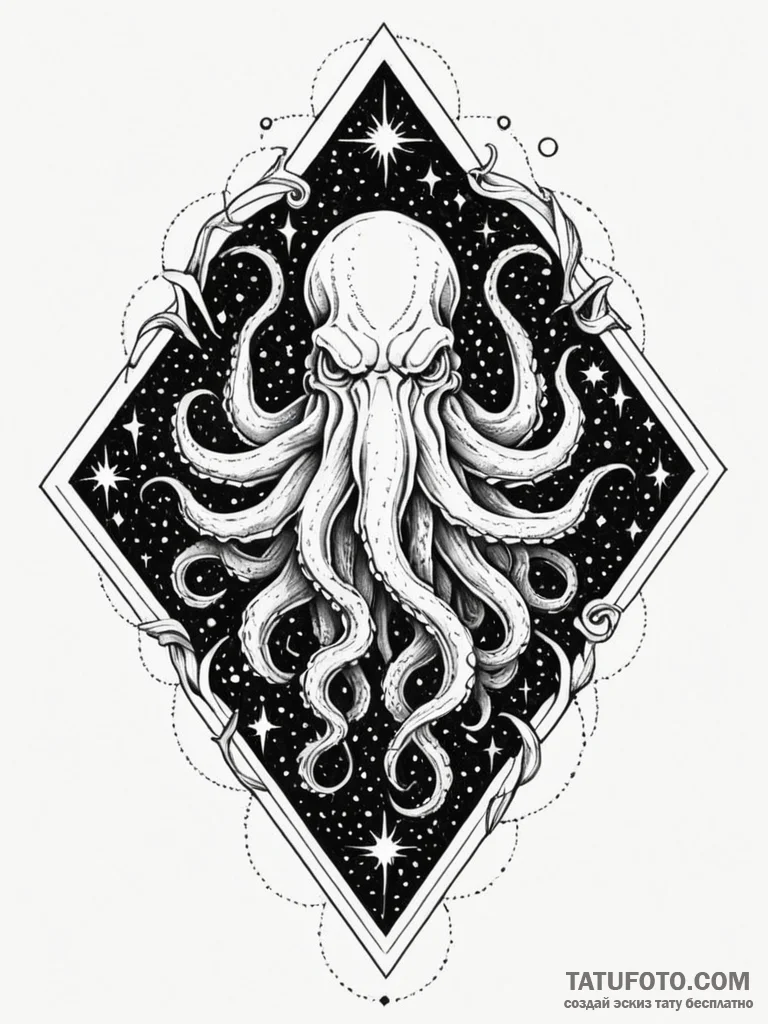 Cthulhu rising from a sea of dead stars, tatt... - эскиз тату (№1752615083_0, 15.07.2025 21:31) — Tatufoto.com