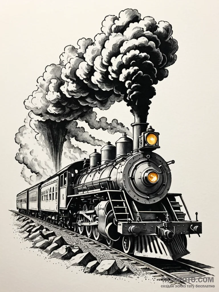 Locomotive, steam-powered and massive, bursti... - эскиз тату (№1752615419_0, 15.07.2025 21:36) — Tatufoto.com