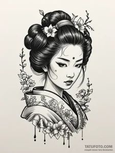 Geisha with a face of a porcelain doll, crack... - эскиз тату (№1752615669_0, 15.07.2025 21:41) — Tatufoto.com
