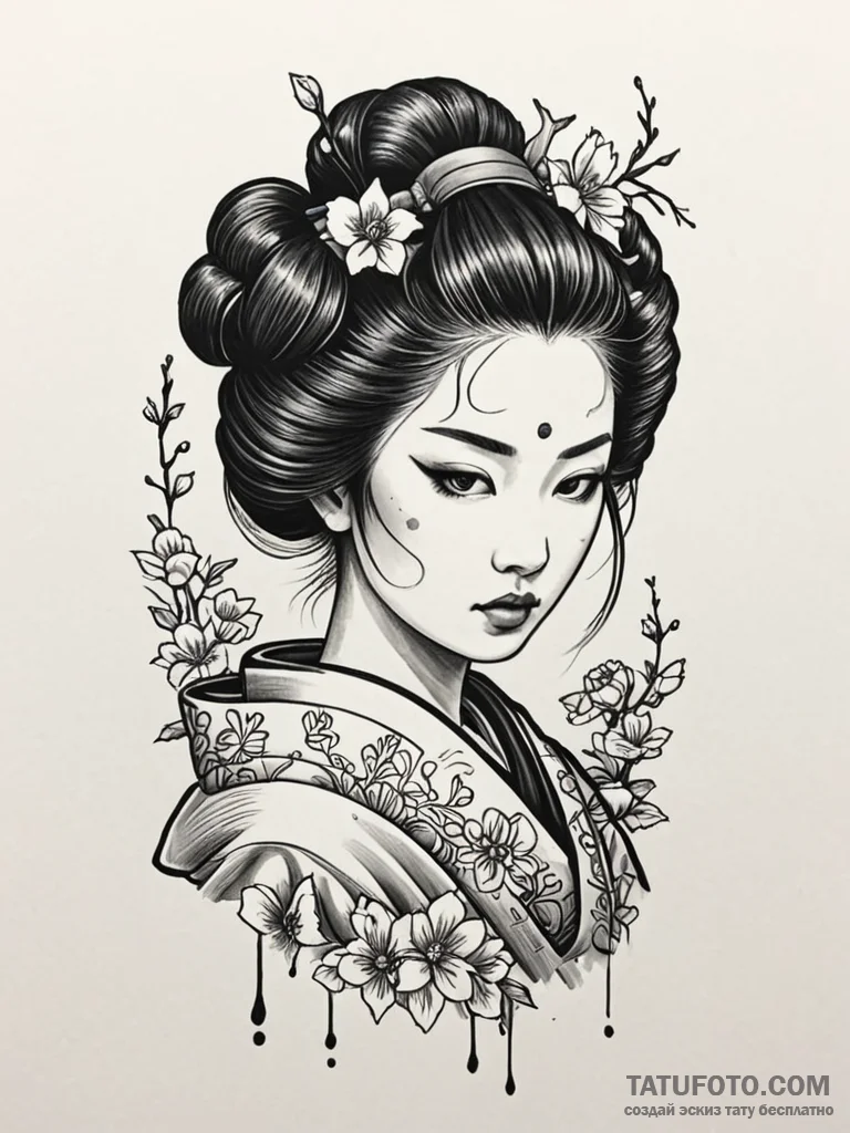 Geisha with a face of a porcelain doll, crack... - эскиз тату (№1752615669_0, 15.07.2025 21:41) — Tatufoto.com