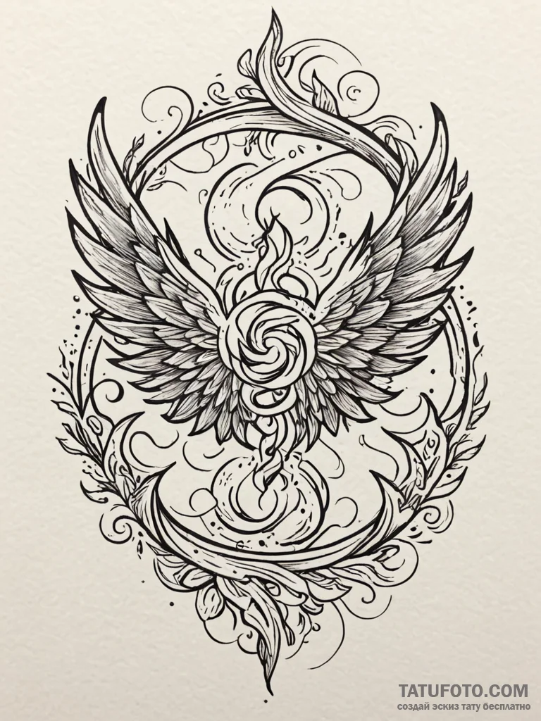 Flaming wings spiraling through storm, tattoo... - эскиз тату (№1752616424_0, 15.07.2025 21:53) — Tatufoto.com