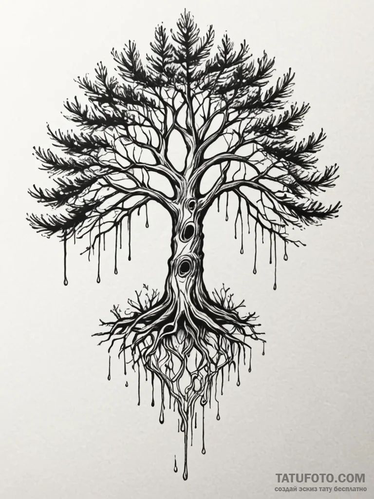 Pine sap dripping from spectral tree, tattoo... - эскиз тату (№1752617258_0, 15.07.2025 22:07) — Tatufoto.com