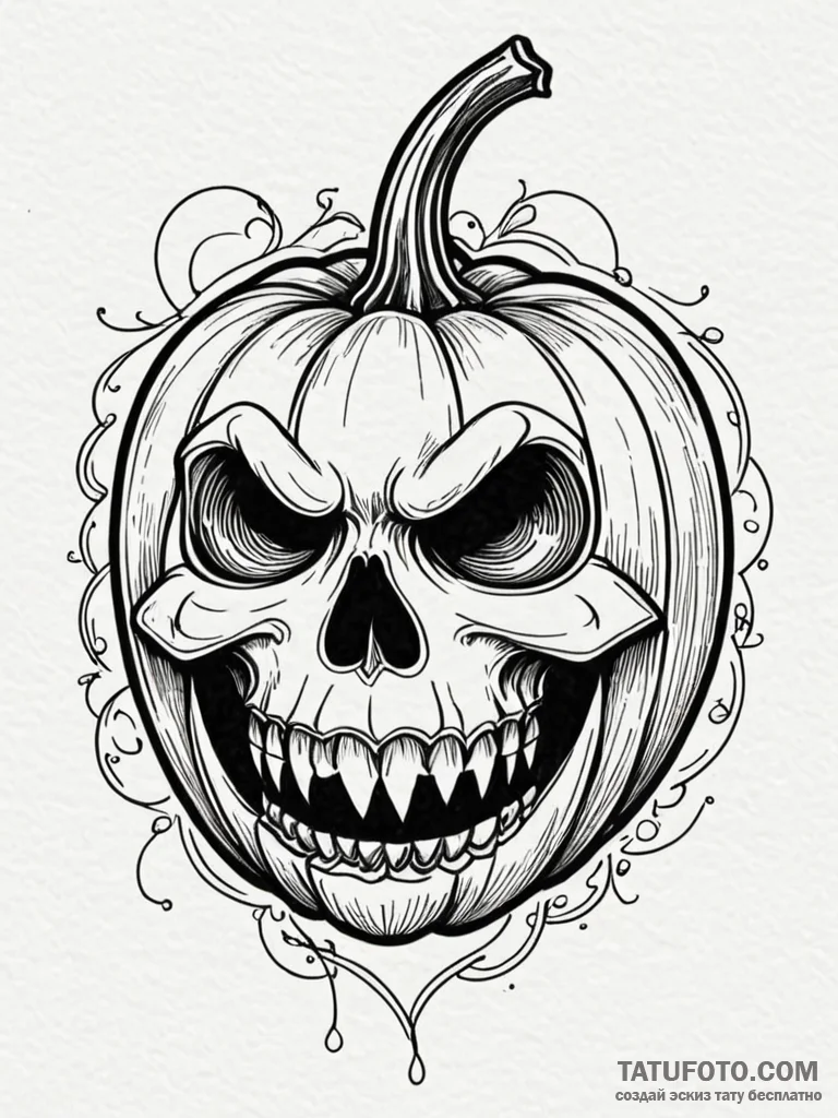 Pumpkin with skeletal grin, tattoo line art,... - эскиз тату (№1752617343_0, 15.07.2025 22:09) — Tatufoto.com