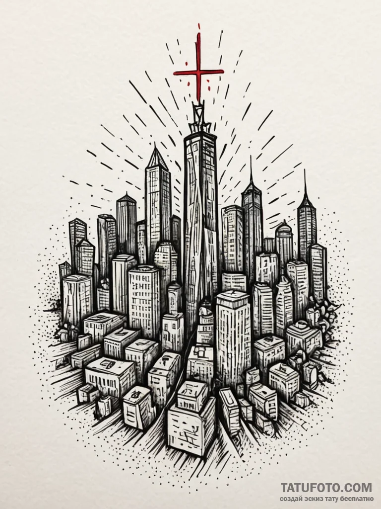 A powerful burning city lights, distant,, tat... - эскиз тату (№1752617593_0, 15.07.2025 22:13) — Tatufoto.com