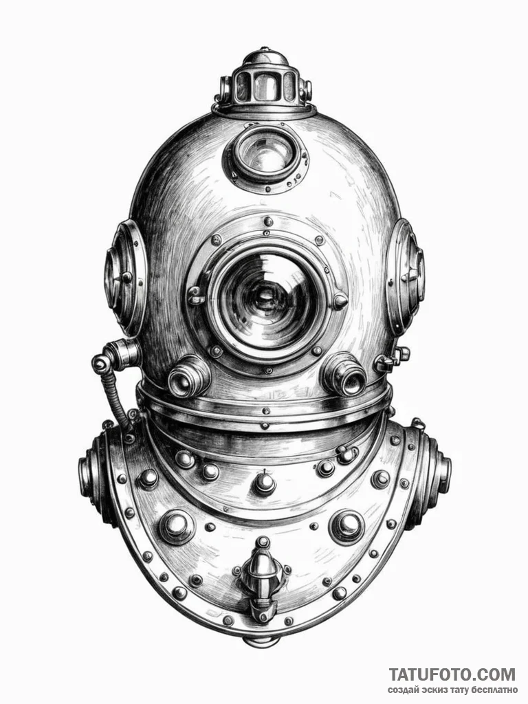 Antique diving helmet, ink illustration for t... - эскиз тату (№1752618762_0, 15.07.2025 22:32) — Tatufoto.com