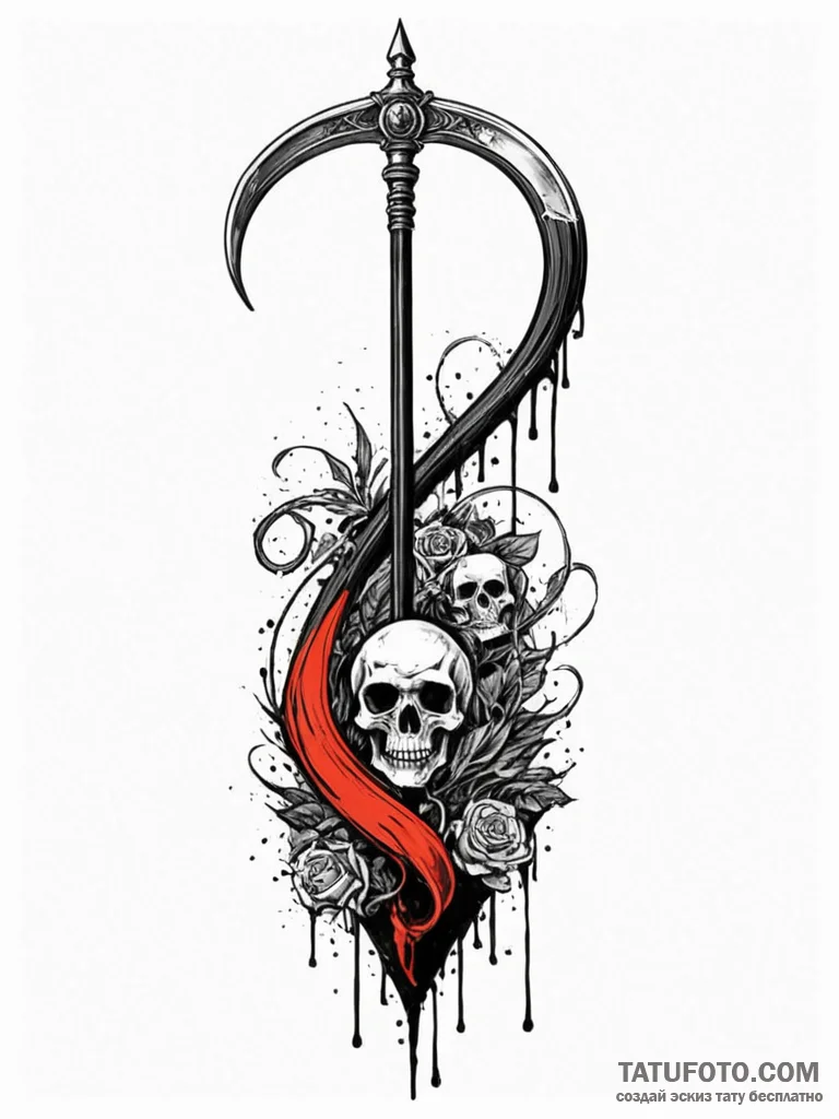 Reaper's scythe leaning against an hourglass,... - эскиз тату (№1752618845_0, 15.07.2025 22:34) — Tatufoto.com