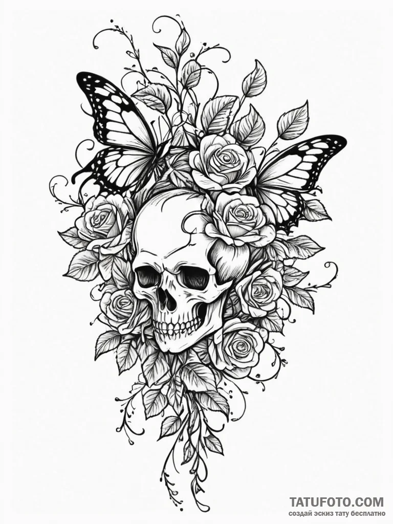 Ashen butterfly caught in thorned vines, tatt... - эскиз тату (№1752619180_0, 15.07.2025 22:39) — Tatufoto.com