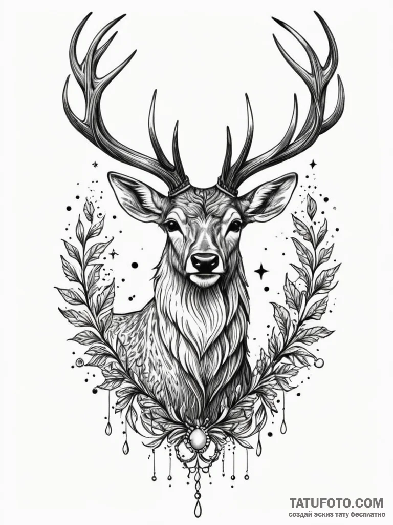 Cosmic stag crowned with stars, tattoo flash... - эскиз тату (№1752619262_0, 15.07.2025 22:41) — Tatufoto.com